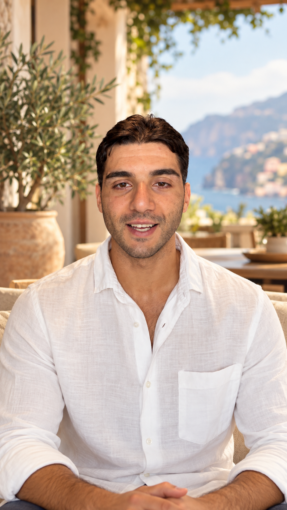 Daniele, founder of Beyond Italian, on a Mediterranean terrace by the sea